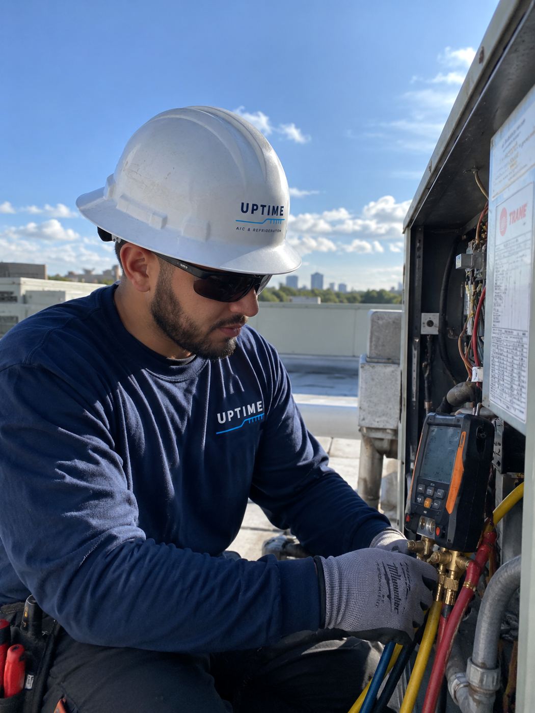 Javier, técnico de Uptime, midiendo presiones en una unidad de techo